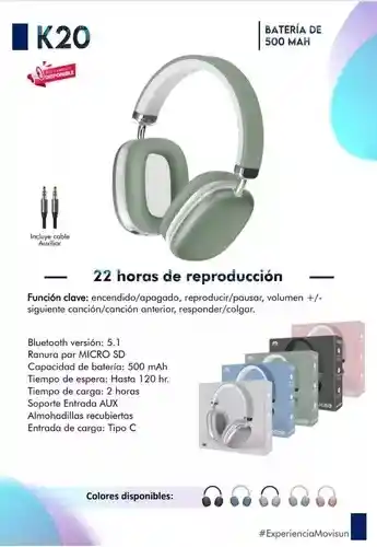 Diadema Bluetooth 5.1 Movisun Cuadrada K20