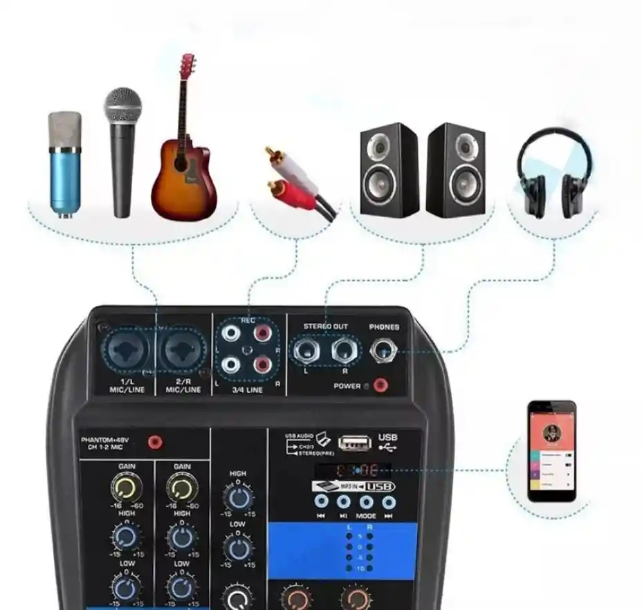 Consola Mixer Wvngr De 2 Canales Phantom Power 48v Bluetooth