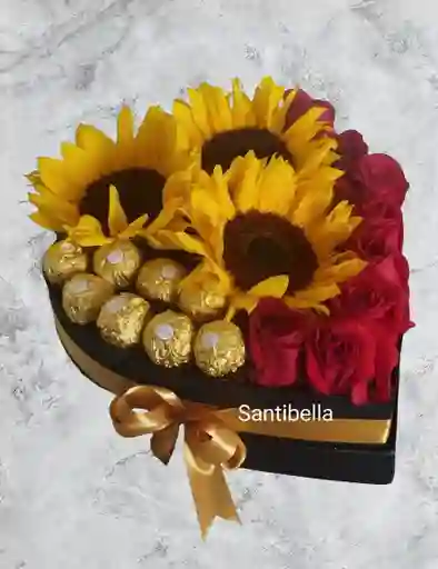 Corazon Con Rosas Girasoles Y Chocolates