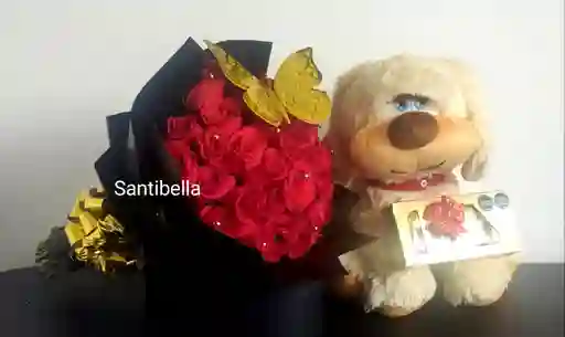 Ramillete De Rosas Rojas Con Peluche Y Chocolates