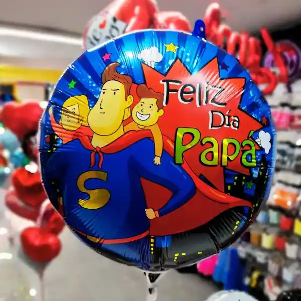 Globo Metalizado Feliz Dia Papa Estampado Super Heroe Inflado Con Helio