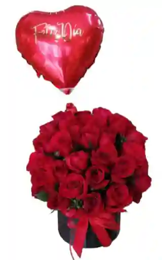 Cilindro Con 40 Rosas Rojas, Con Globo Corazón Con Helio, Feliz Día, Feliz Cumpleaños, Feliz Aniversario, Amor Y Amistad