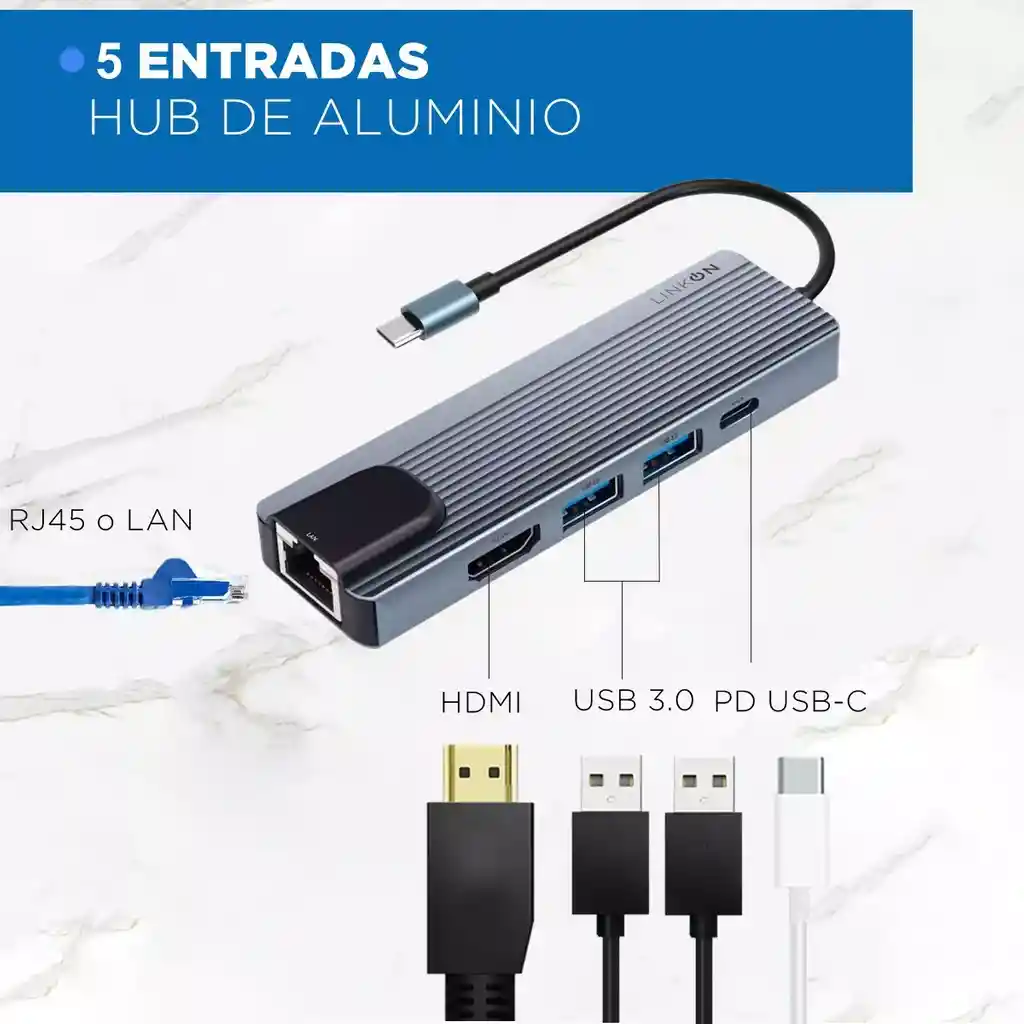 Hub Usb C Adaptador Multipuerto Rj45 5 En 1 Linkon Macbook