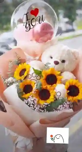 Bouquet De Girasoles Con Peluche Tierno, Para Cumpleaños, Aniversario, Feliz Dia, Amor Y Amistad, Dia Del Abogado, Del Ingeniero