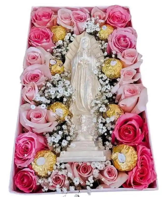 Caja De Flores Virgen De Guadalupe, Para Cumpleaños, Aniversario, De La Mujer, Feliz Dia, Amor Y Amistad, Dia De La Madre.