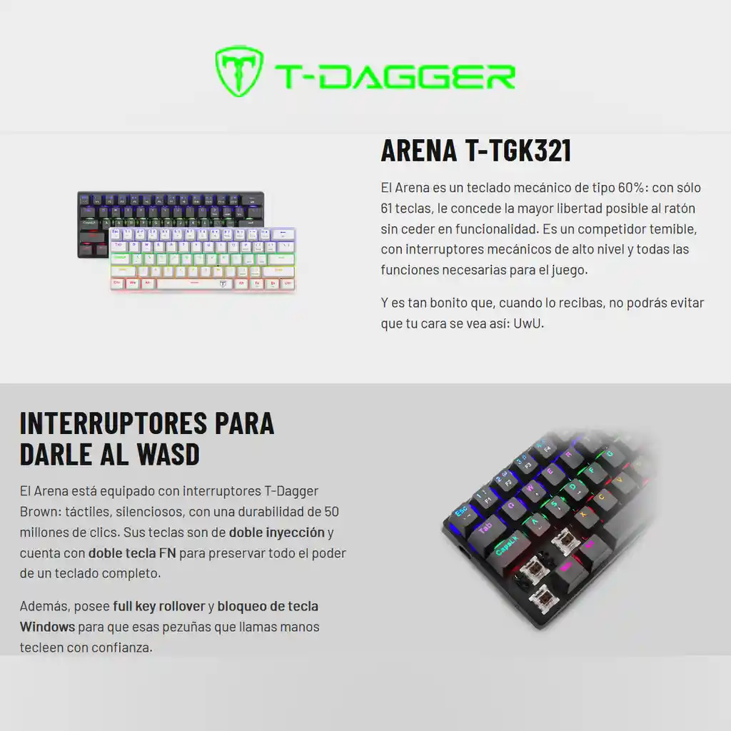 	 Teclado Gamer Mecánico T-dagger T-tgk321b Arena 60% Compacto Azul