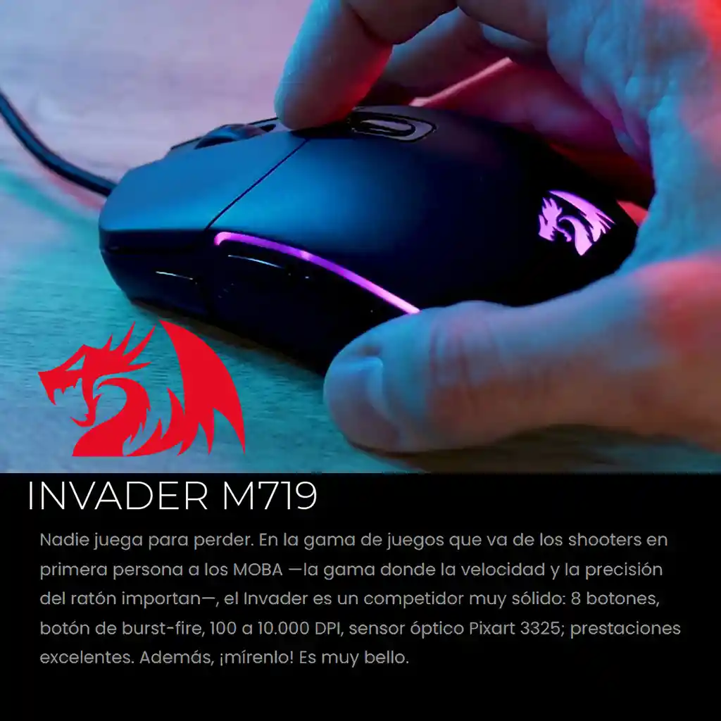 Mouse Gamer Redragon M719-rgb Invader, 10.000dpi, 8 Botones