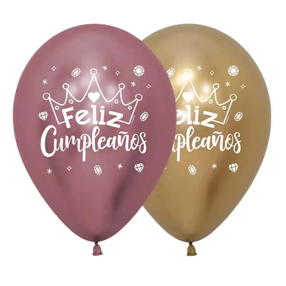 Globos Bombas R-12x12 Latex Redondo 2 Caras Feliz Cumpleaños Coronas Reflex Surtido Marca Sempertex