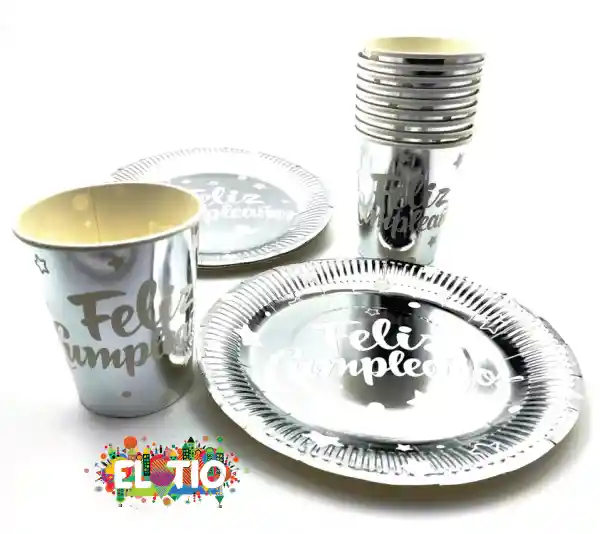 Platos Y Vasos Feliz Cumpleaños Metalizado Plata