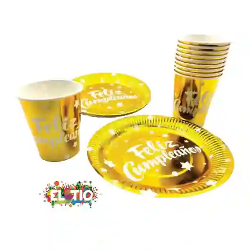 Platos Y Vasos Feliz Cumpleaños Metalizado Dorado