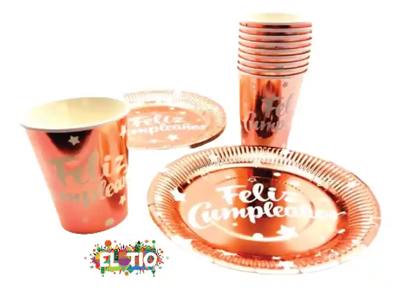 Platos Y Vasos Feliz Cumpleaños Metalizado Oro Rosa