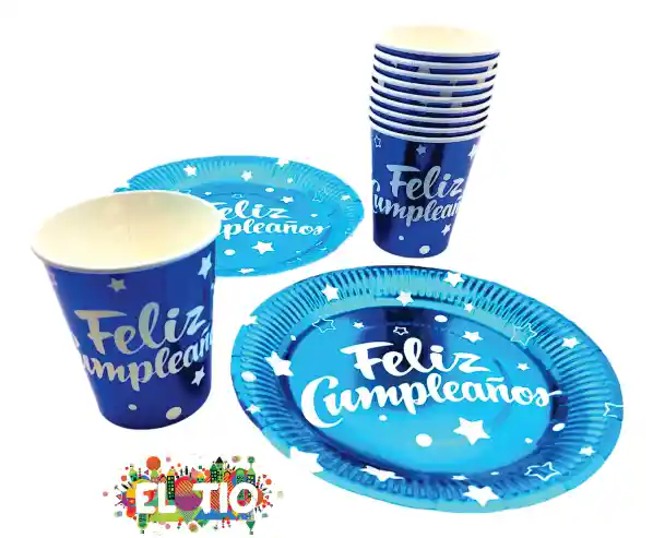 Platos Y Vasos Feliz Cumpleaños Metalizado Azul