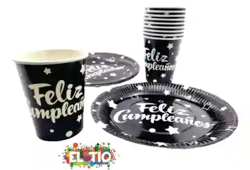 Platos Y Vasos Feliz Cumpleaños Metalizado Negro