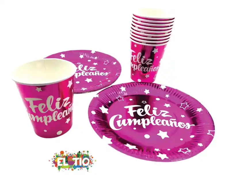 Platos Y Vasos Feliz Cumpleaños Metalizado Fucsia