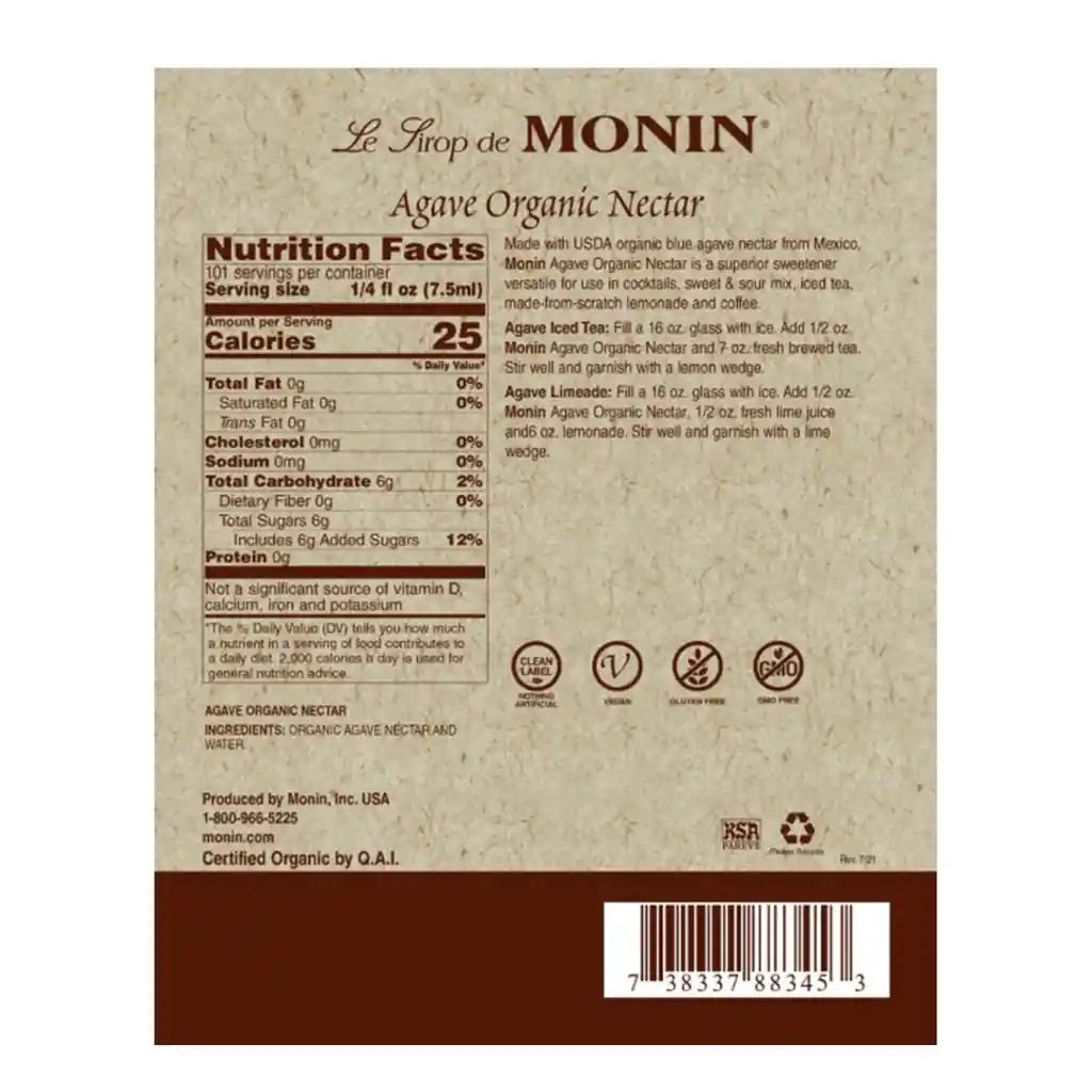 Monin Sirope De Nectar De Agave Organico - Usda Organic 750 Ml (25.4 Fl Oz)