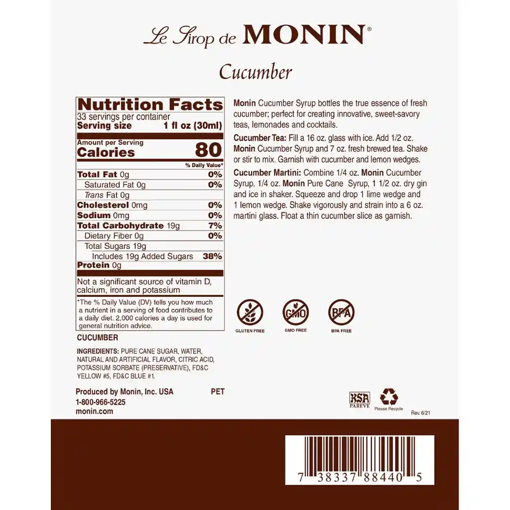 Monin Sirope De Pepino - Cucumber 1 L (33.8 Fl Oz)