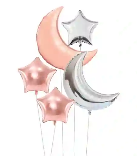 Bouquet Globo Metalizado 5 Piezas Luna Oro Rosa / Plateado