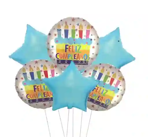 Bouquet Globo Metalizado 6 Piezas Feliz Cumpleaños Estrellas Azul