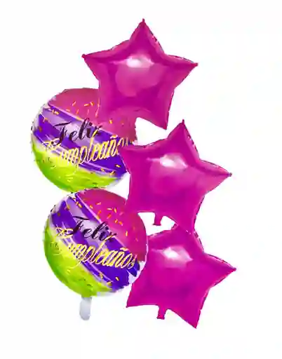 Bouquet Globo Metalizado 5 Piezas Feliz Cumpleaños Estrellas Fucsia