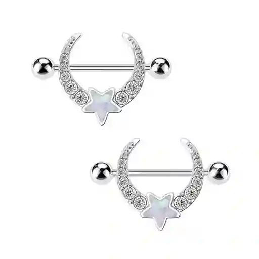 Piercing Pezón X2 - Acero Inoxidable Luna Con Estrella Plateada