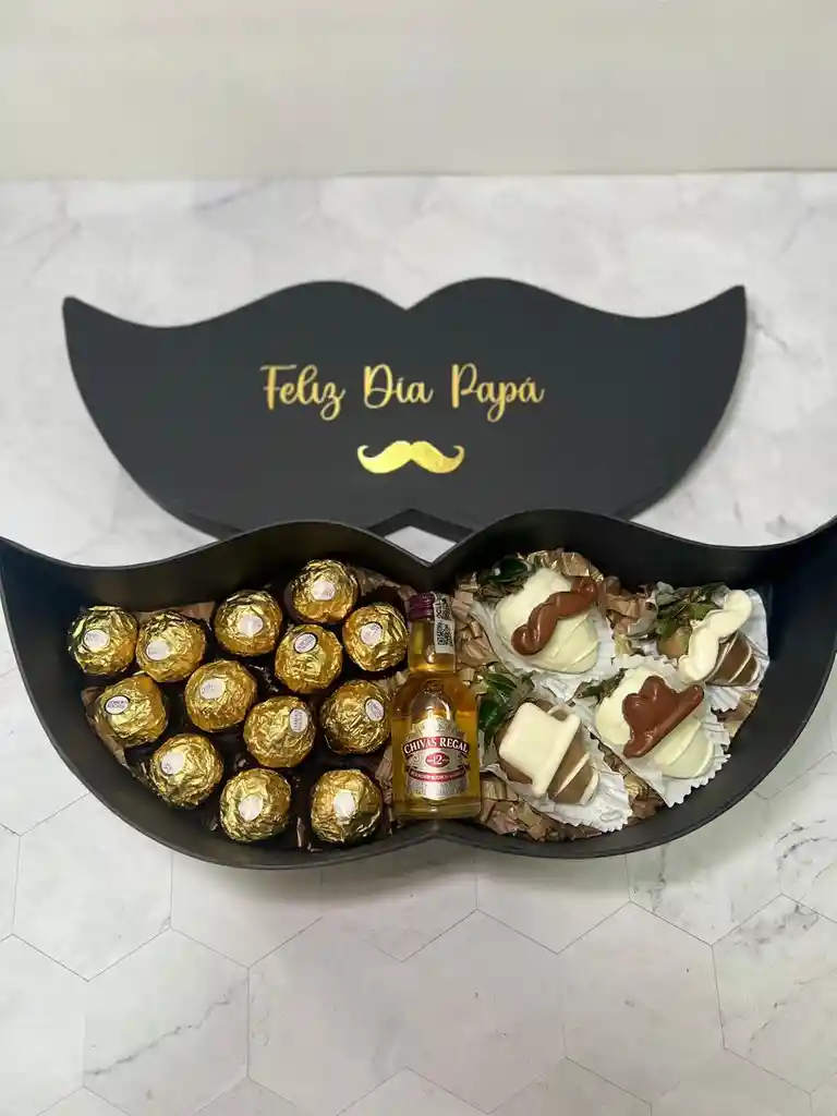 Caja Bigote Hombre Con Whisky, Ferreros Y Fresas Con Chocolate