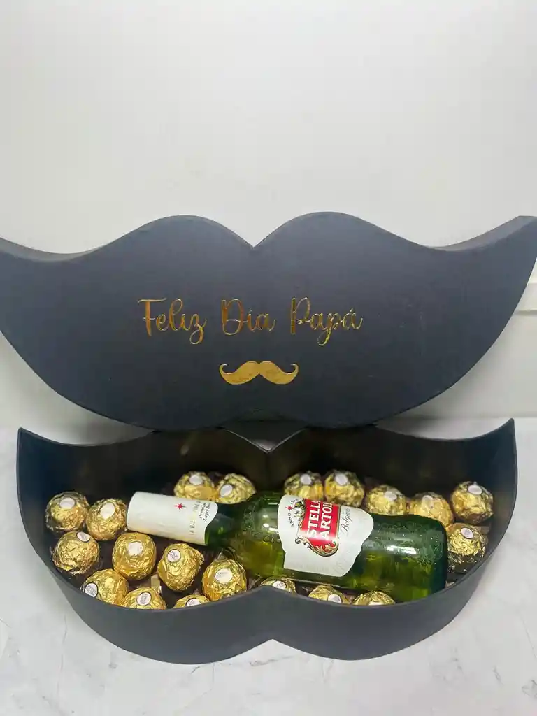 Caja Bigote Hombre Con Cerveza Stella Y Chocolates Ferrero Rocher