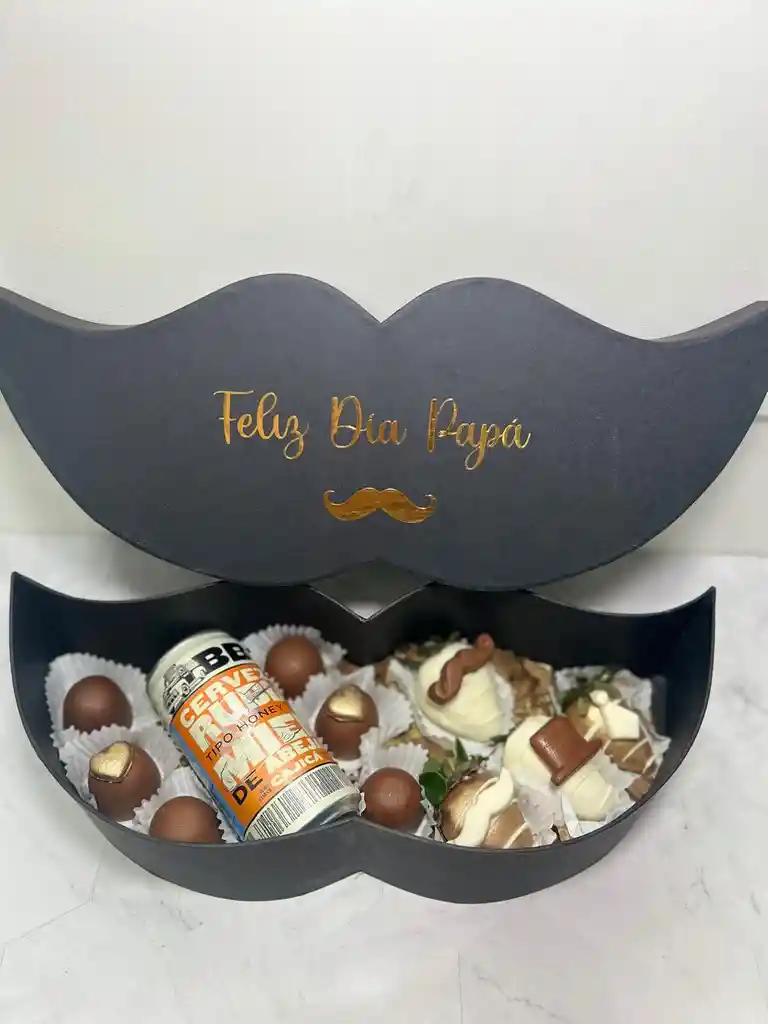 Caja Bigote Hombre Con Cerveza Bbc, Trufas Rellenas Y Fresas Con Chocolate