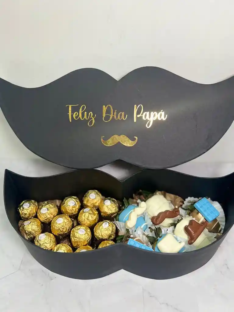 Caja Bigote Hombre Con Chocolates Ferrero Rocher Y Fresas Con Chocolate