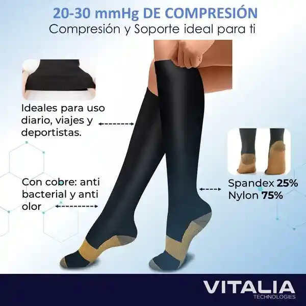 Medias Compresion Vitalia Unisex 20-30 Mmhg Negro Talla L/xl X 3