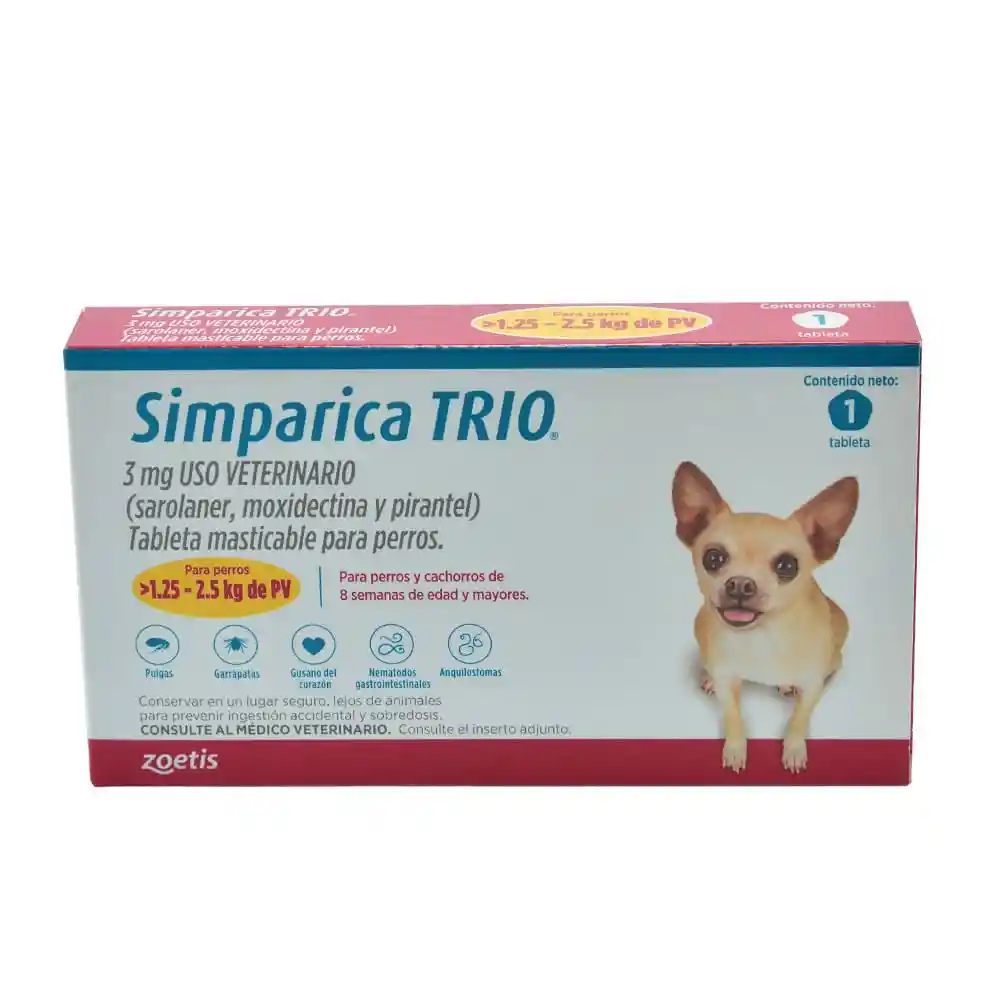 Simparica Trio Antipulgas Para Perro De 1.25 A 2.5 Kg (3mg)