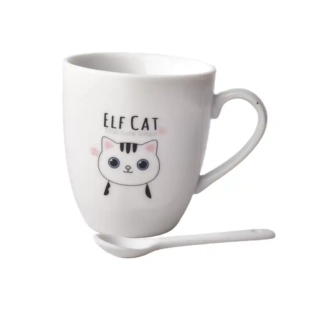 Pocillo Mug Con Cuchara En Ceramica Diseño De Gatos