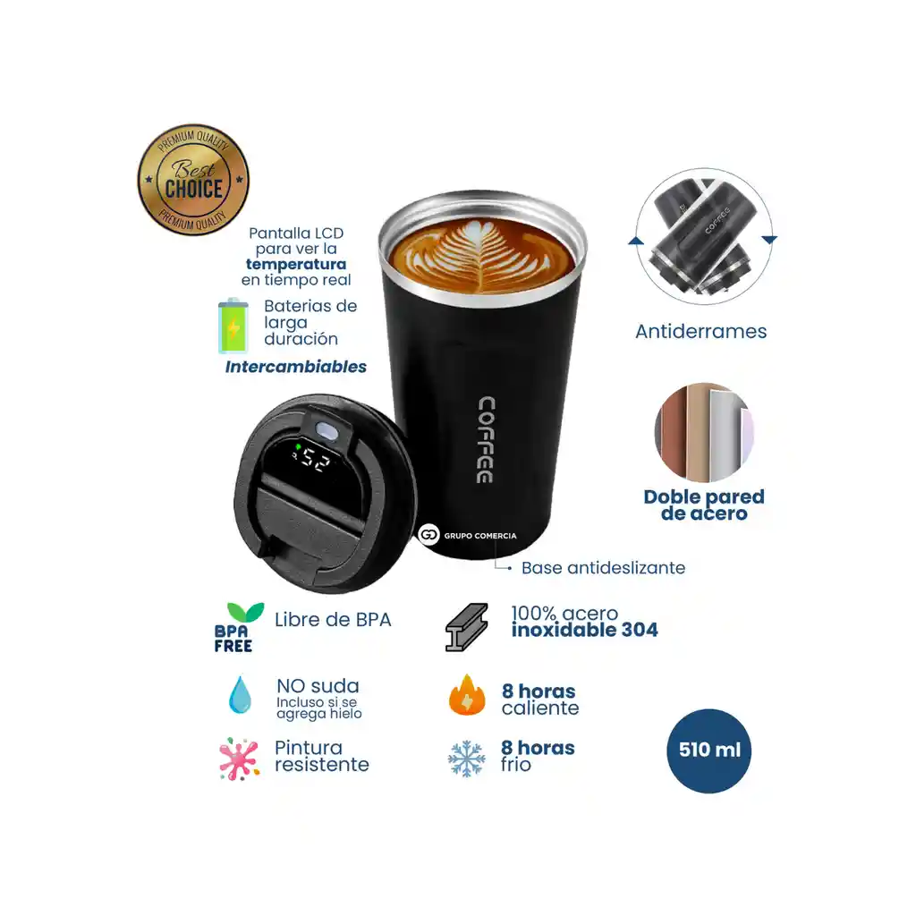 Vaso Termo Termico Digital Para Cafe Acero Inoxidable 510 Ml