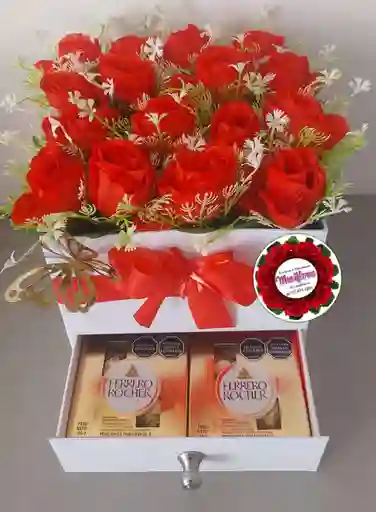 Caja Blanca Doble Piso Con Rosas Rojas