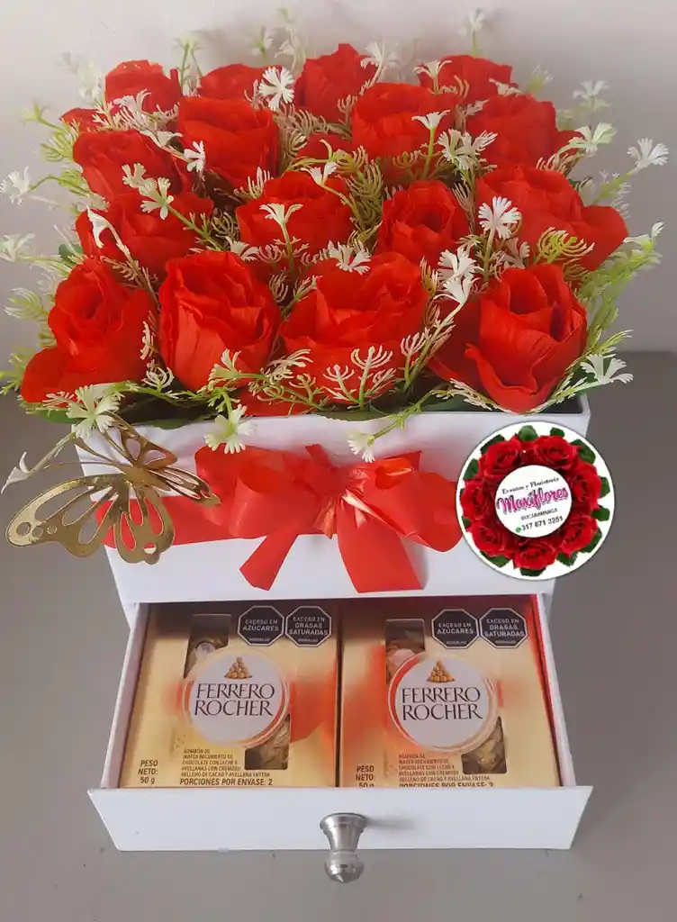 Caja Blanca Doble Piso Con Rosas Rojas