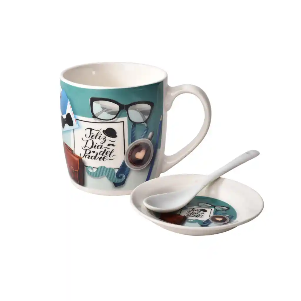 Mug Ceramica Pocillo Dia Del Padre Con Plato Y Cuchara