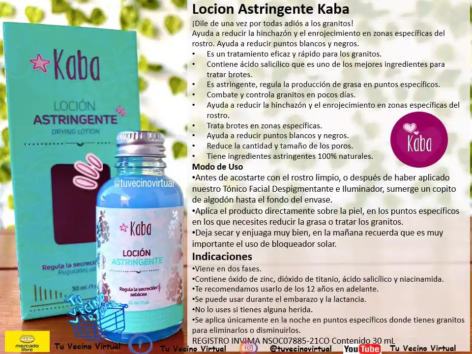 Kaba Locion Astringente + Tonico Facial Despigmetante Iluminador Kaba