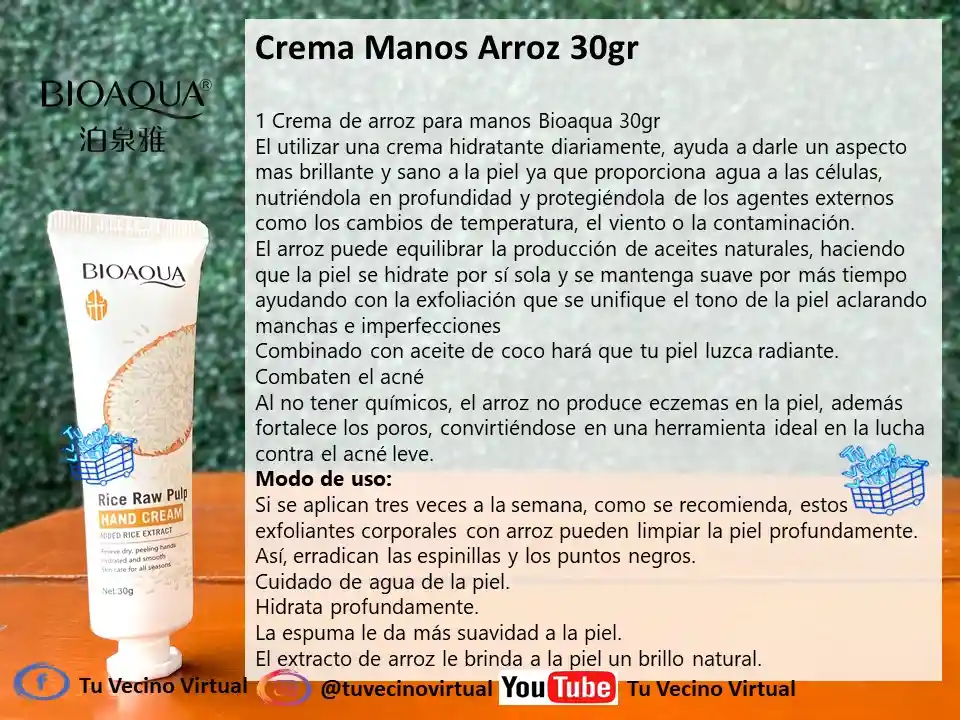 Crema De Manos De Arroz Bioaqua