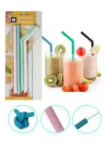 Pajillas De Silicona Flexibles Reutilizables X 4 Unidades