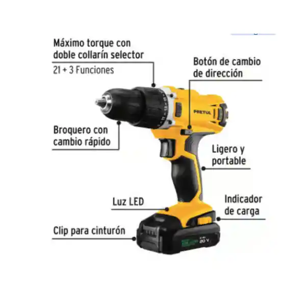 Taladro Inalambrico De 1/2 Pulgada Con Bateria De Ion Litio 20v Pretul