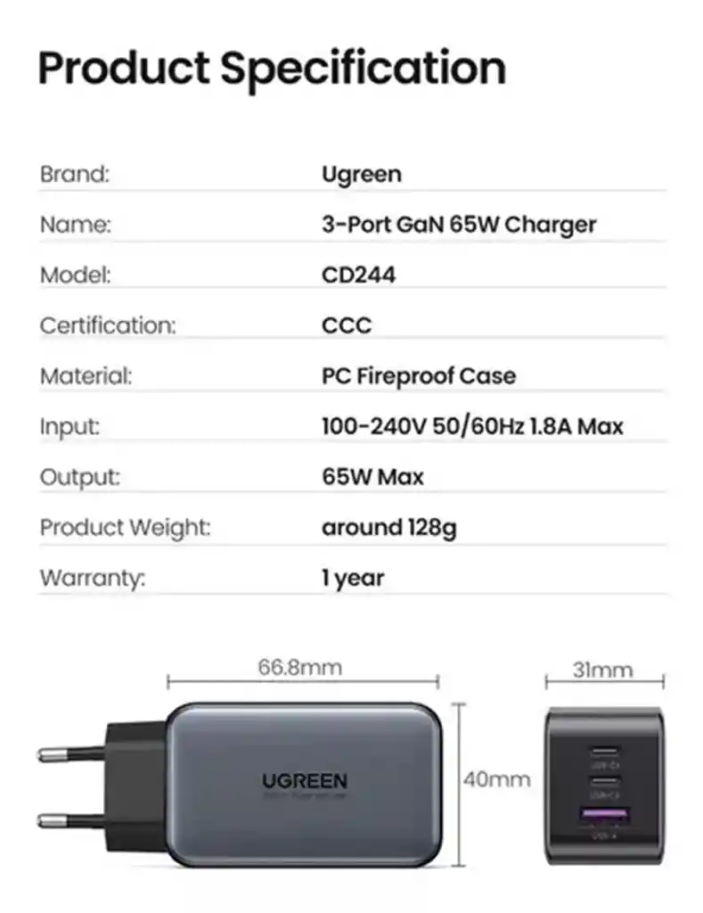Cargador Ugreen 65w Pd Usb-cx3 Usb-a Carga Rápida Qc 4.0 3.0