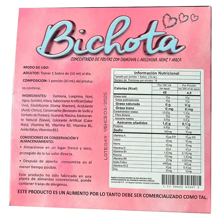 Potenciador Sexual Femenino Bichota X 5 Sachet 10 Ml C/u