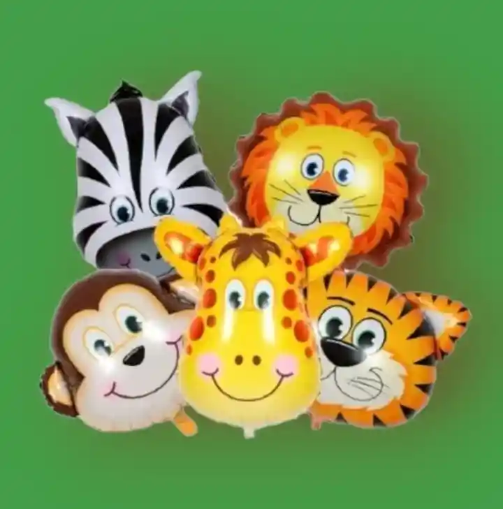 Kit 5 Globos Animales Selva Safari - Leon Jirafa Zebra Mono Y Tigre