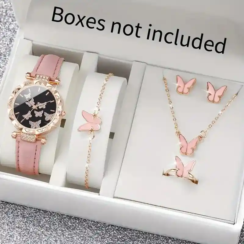 6pcs/set Reloj De Cuarzo Analógico De Mariposa De Diamantes De Imitación Brillantes Para Mujer Con Correa De Cuero Pu Y Conjunto De Joyas, Regalo, Joyeria Femenina, Aretes, Collar, Aretes, Pulsera, Manilla, Anillos, Aretes Para Mujer