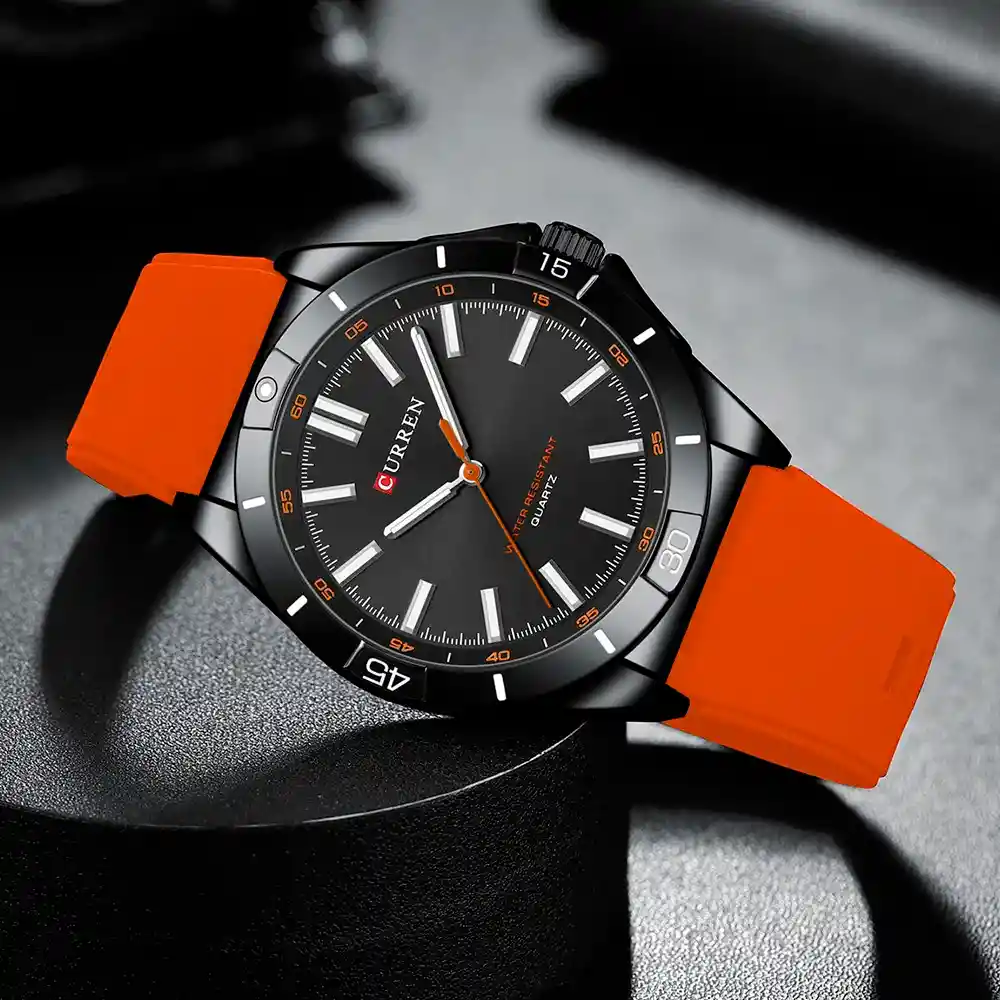 Reloj Analogo Curren Original Para Hombre Kred8806 Acero Plateado Y Silicona Color Naranja