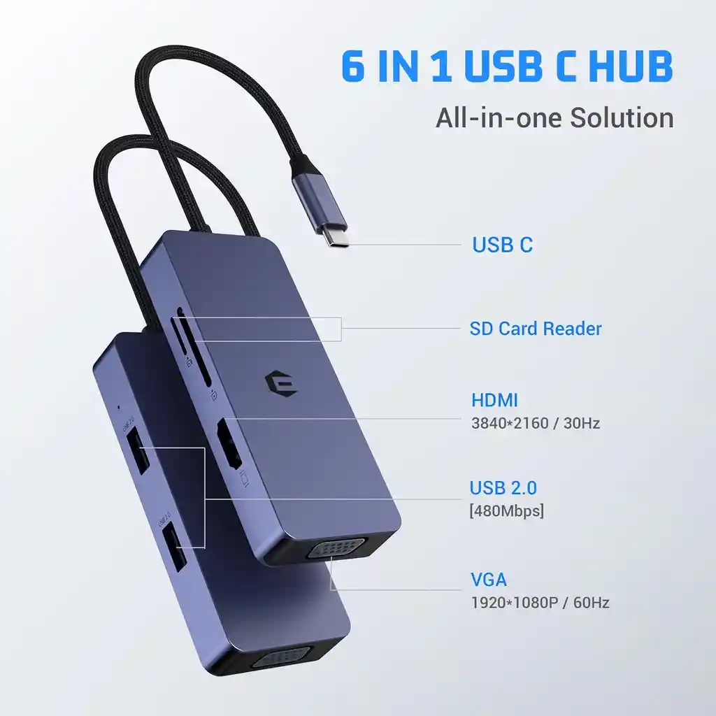 Adaptador Tipo C Usb A Hdmi Vga Micro Sd Multipuerto 6 En 1