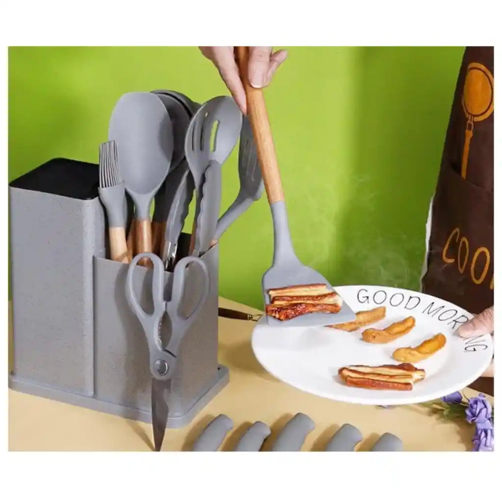 Juego De Utensilios Cocina Cuchillos De 19 Pcs Con Bloque Color Gris