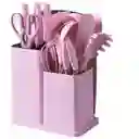 Juego De Utensilios Cocina Cuchillos De 19 Pcs Con Bloque Color Rosa