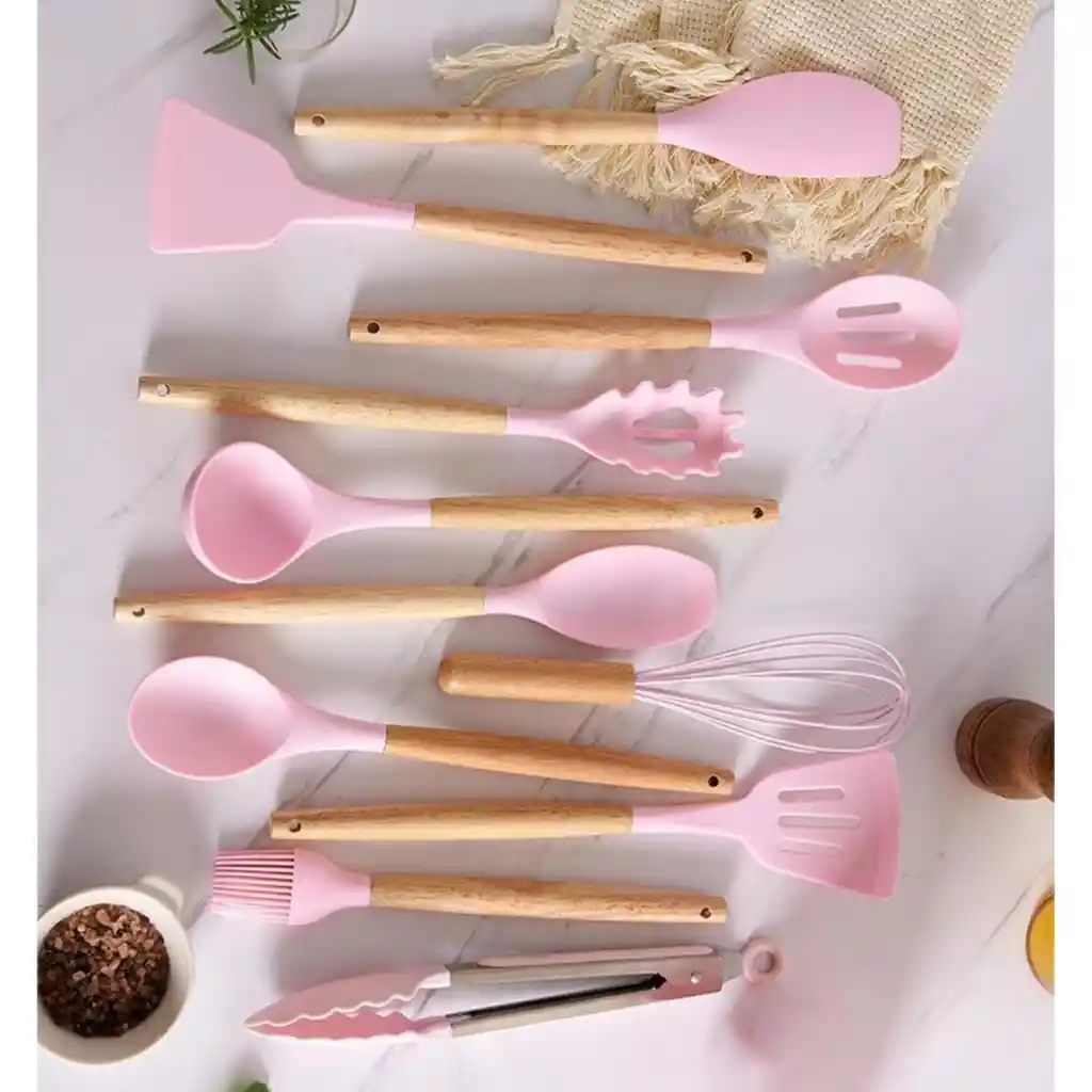 Juego De Utensilios Cocina Cuchillos De 19 Pcs Con Bloque Color Rosa