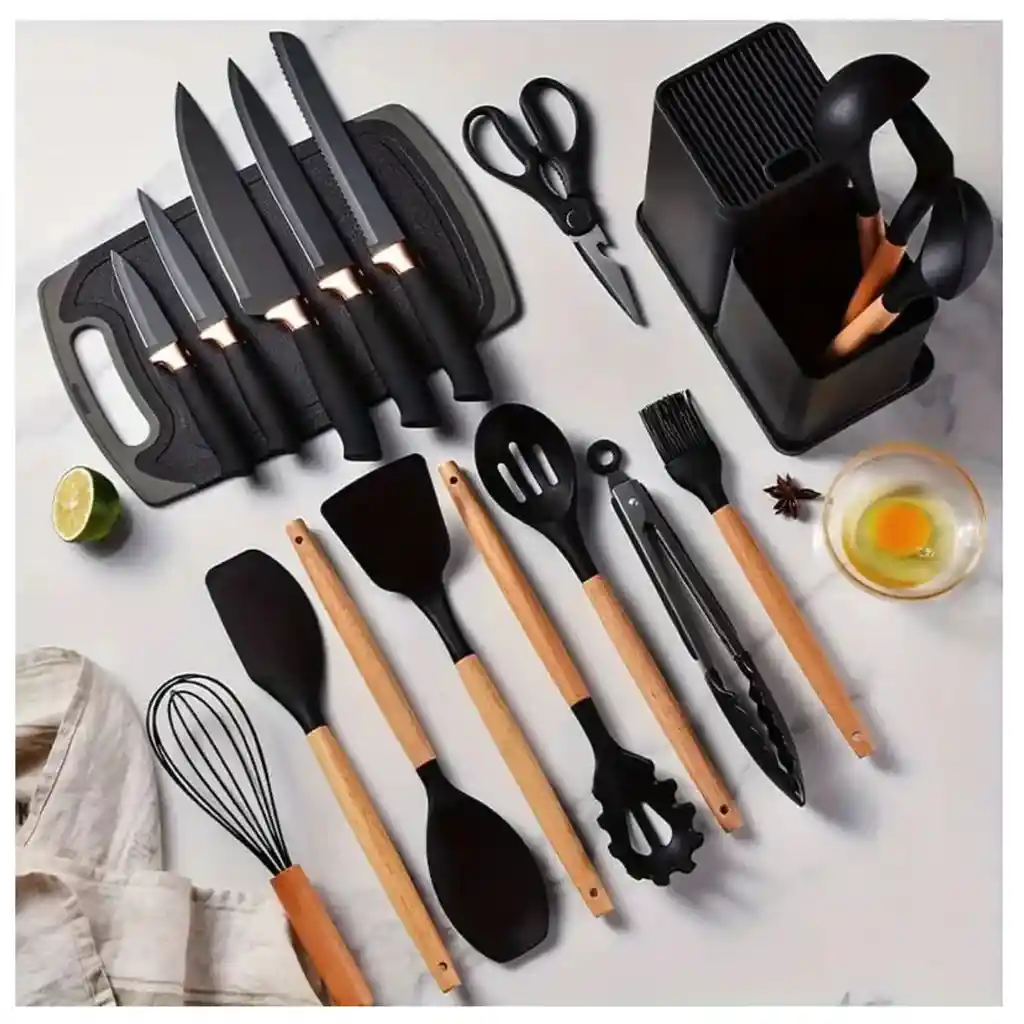 Juego De Utensilios Cocina Cuchillos De 19 Pcs Con Bloque Color Blanco