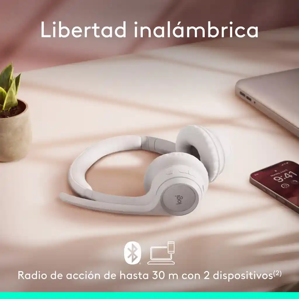 Diadema Bt Inalámbrica, Logitech Zone 300 2 Micrófonos, Blanco